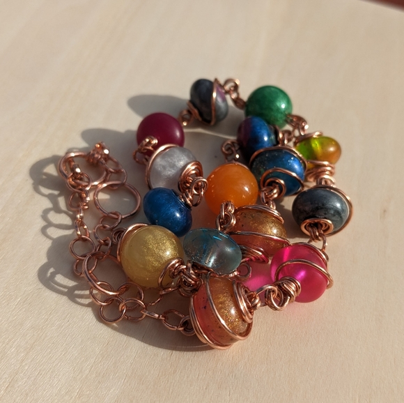 Rose Gold Rainbow Resin Beads Wire Wrapped Necklace Handmade Unique Cute - Picture 6 of 8